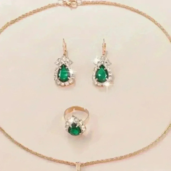 Women's 4-Piece Green Drip Shaped Rhinestones Jewelry Set - Emerald Like - Picture 5 of 14